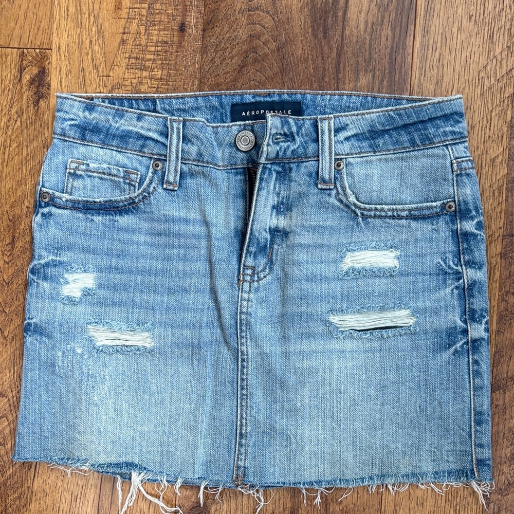 Aeropostale Light Blue Distressed Denim Mini Skirt